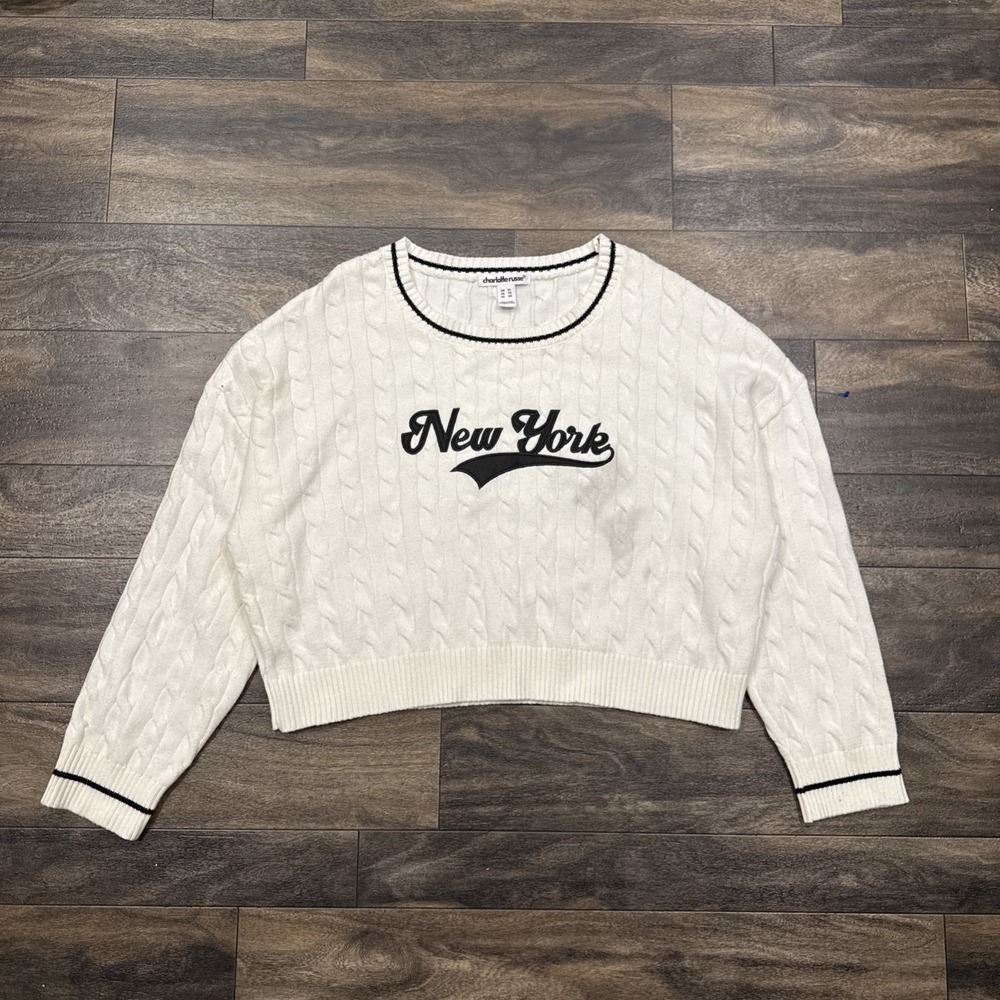 Charlotte Ruse Cable-Knit Pullover Sweatshirt Crewneck Women's XL White New York